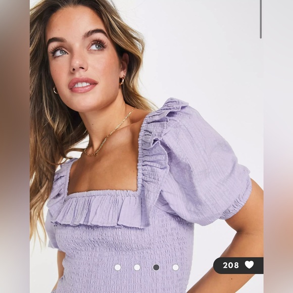 ASOS Miss Selfridge textured frill detail shirred midi dress in Lilac - Picture 3 of 7